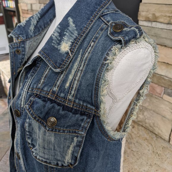 Free People Boho Denim & Crochet Vest SZ M - Picture 3 of 5